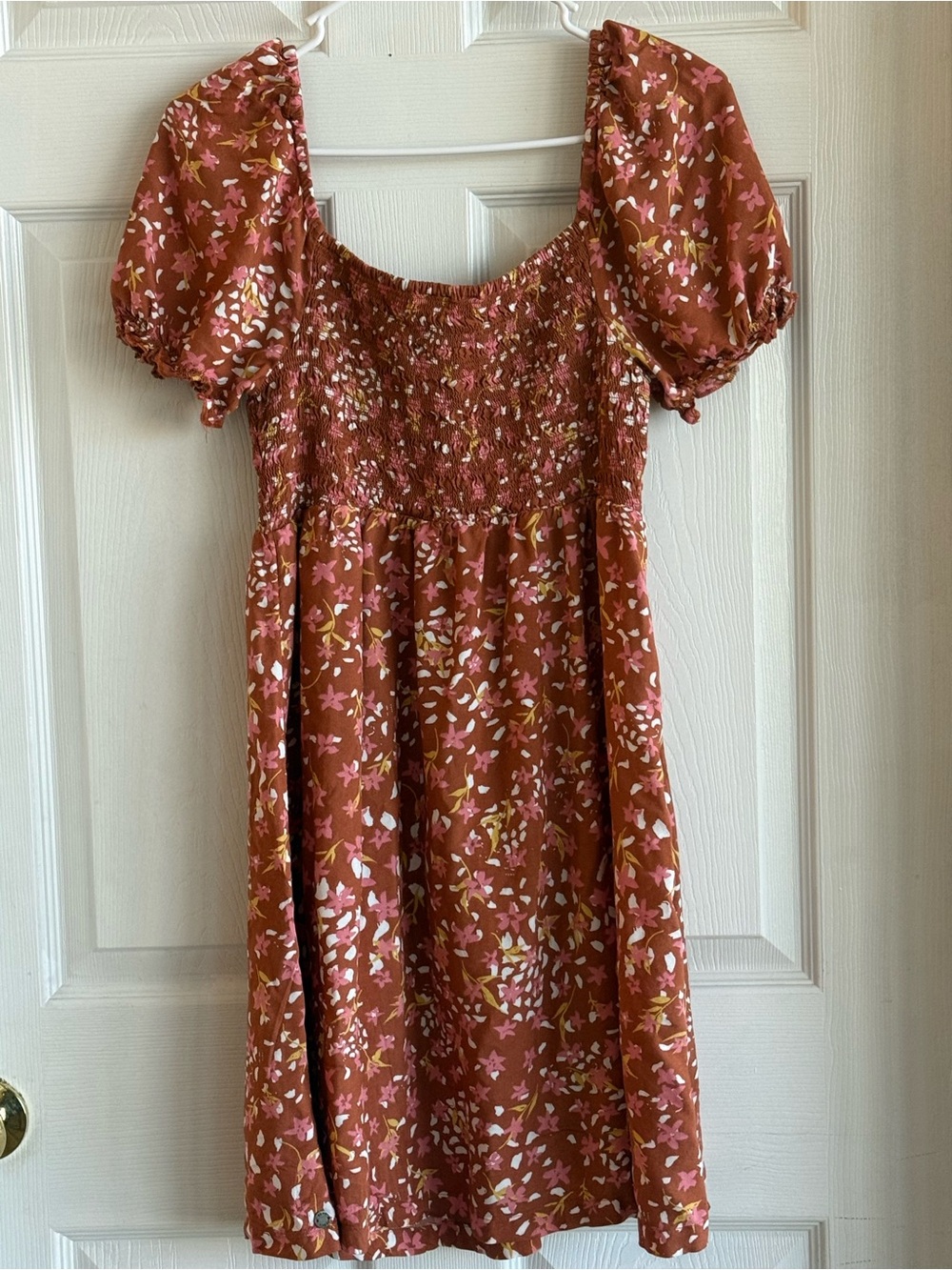 Roxy Rust Floral Smocked Puff-Sleeve Dress with Pink & Cream Accents